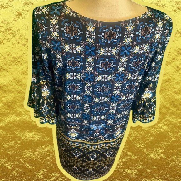 Maggy London Blue Kaleidoscope Paisley Print Bell Sleeve Shift Dress Size 8 - Picture 8 of 14